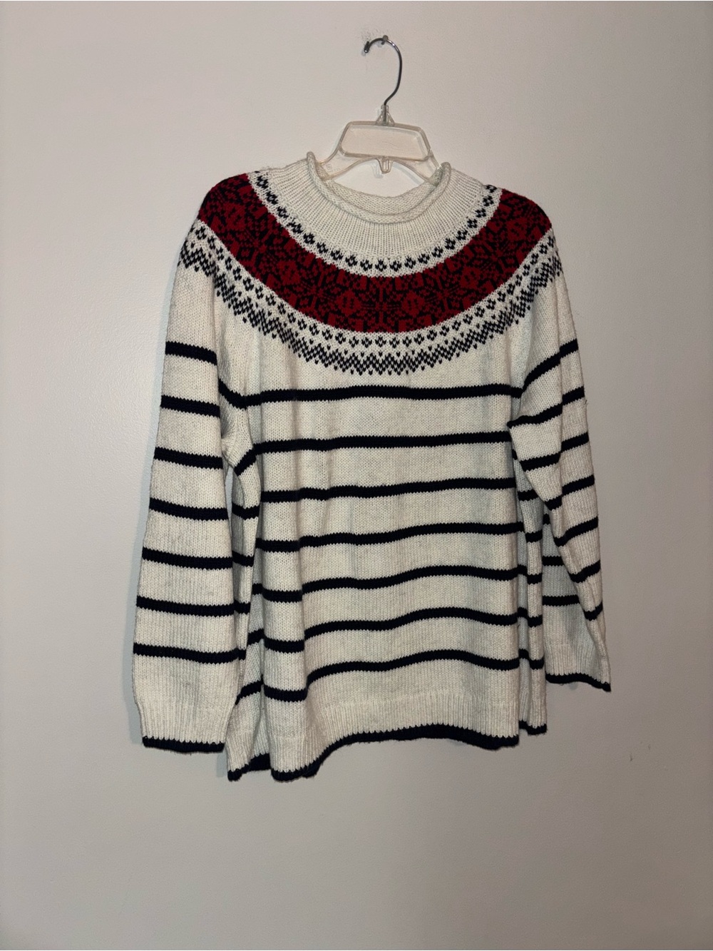 Lands' End Cream Sweater with Red Fair Isle Yoke and Black Stripes